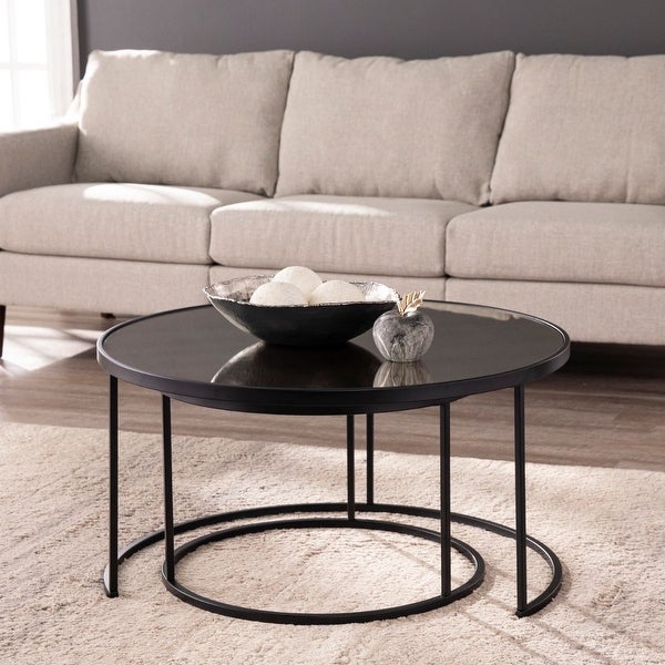 2pc Black Round Nesting Glass Top Cocktail Table Set 32