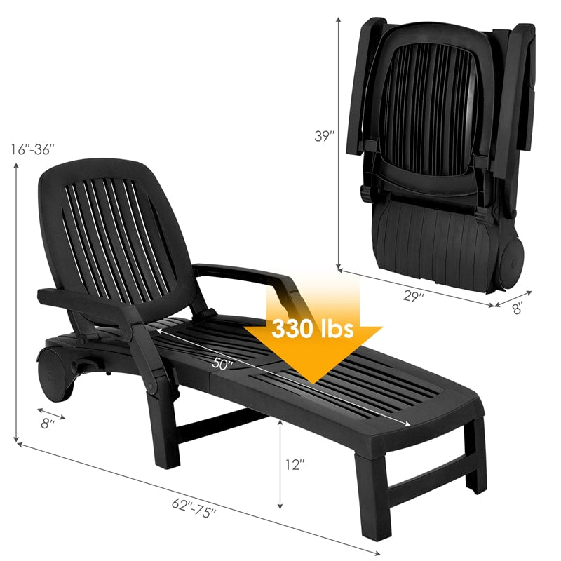 Outdoor Chaise Lounge Chair 6-Position Adjustable Patio Recliner with Wheels