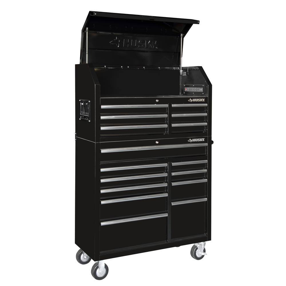 Husky 41 in. W x 24.5 in D Standard Duty 16-Drawer Combination Rolling Tool Chest and Top Tool Cabinet Set in Gloss Black HOTC4116B13S