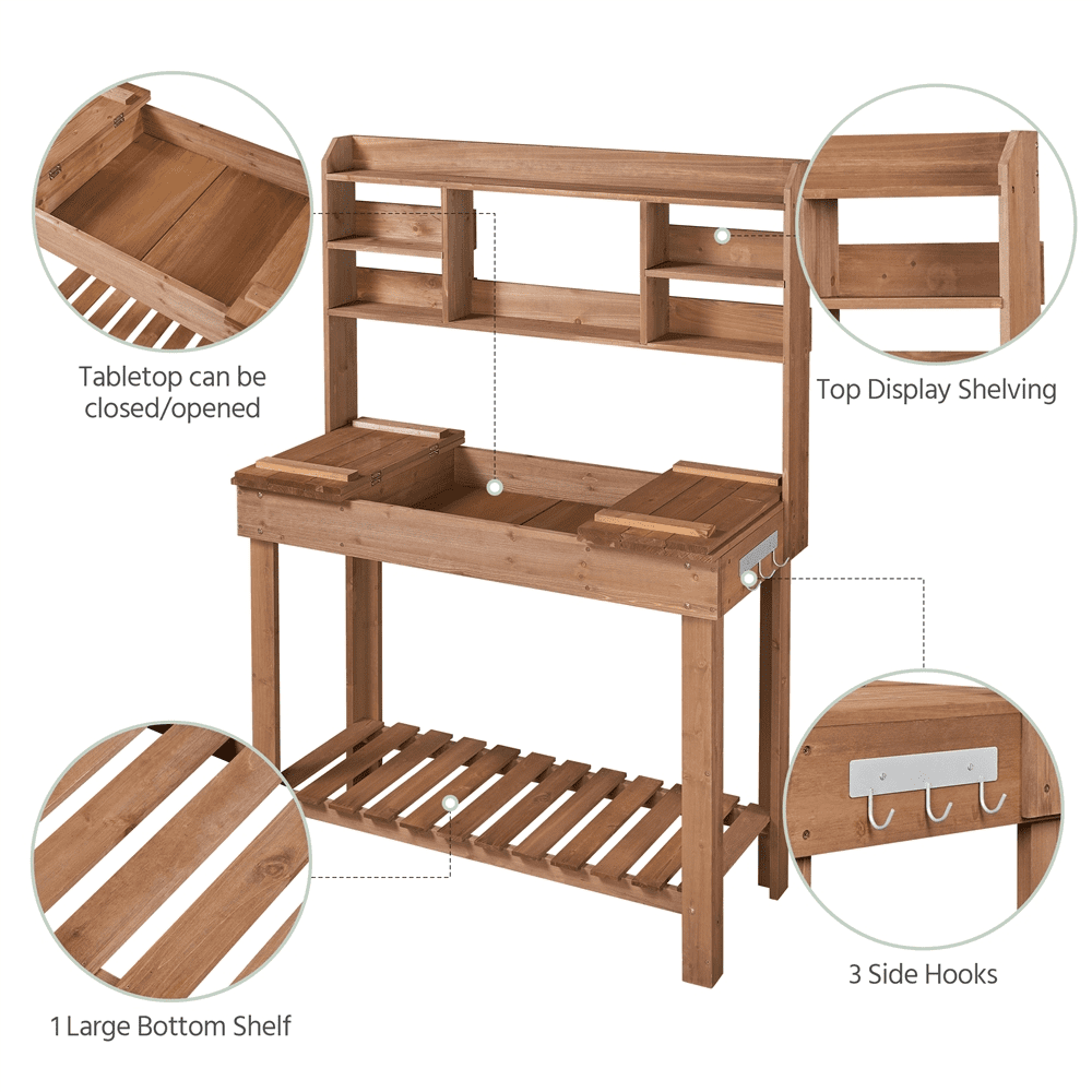 Yaheetech Potting Bench Table with Display Rack/ Storage Shelf/ Hanger, Brown