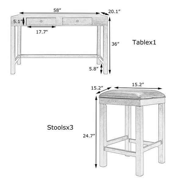 Counter set， counter height bar set， wooden counter set， 2 drawers and sockets， 3 upholstered stools