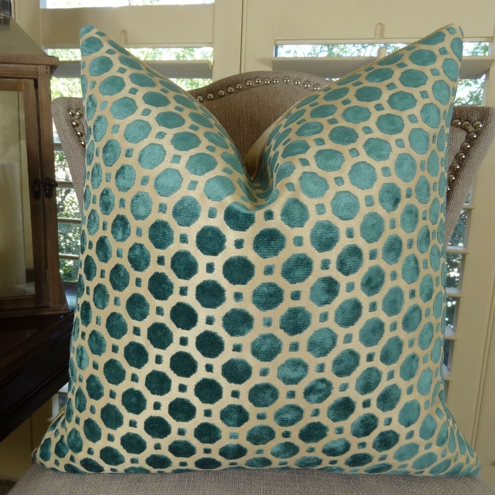 Thomas Collection Turquoise Taupe Velvet Geometric Luxury Throw Pillow  Handmade in USA