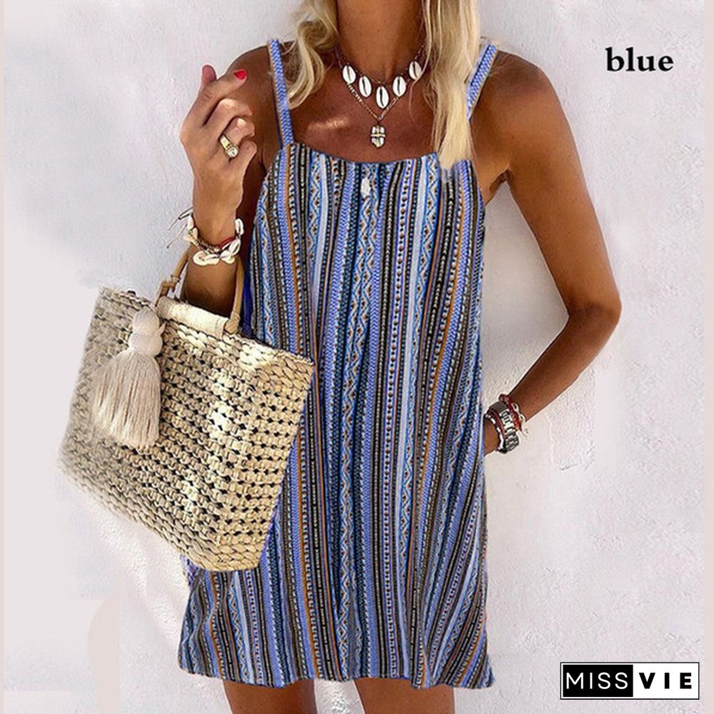 Summer Clothes Women's Fashion Plus Size Loose Casual Stripe Sleeveless Summer Dress Sling Dress Strap Dress Mini Dress