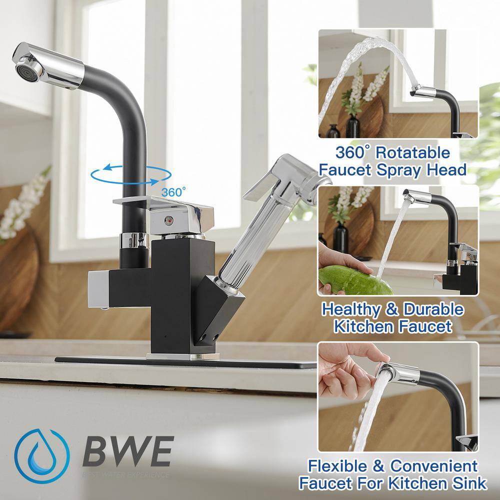 BWE Double-Handle Pull-Out Sprayer 2 Spray Low Arc Kitchen Faucet With Deck Plate in Matte Black  Polished Chrome A-96029-D