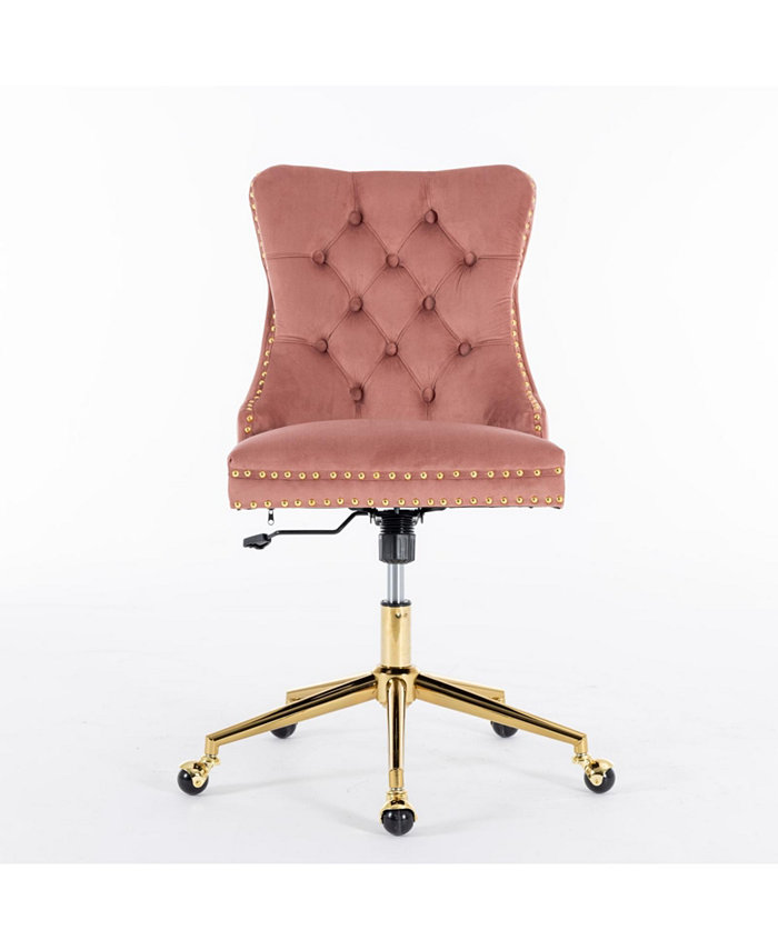 Simplie Fun Office ChairVelvet Upholstered Tufted Button Home Office Chair with Golden Metal BaseAdjustable Desk Chair Swivel Office Chair (Pink)