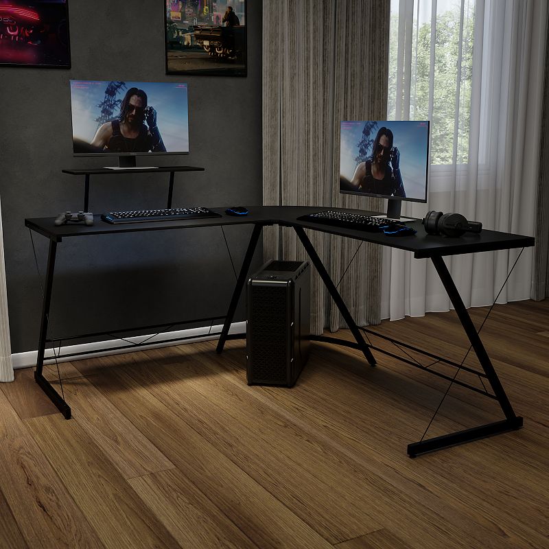 Emma and Oliver L-Shaped Computer Black Desk， Gaming Desk， Home Office Desk， Black Frame