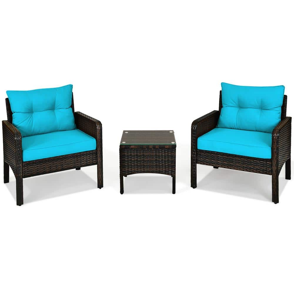 Gymax Rattan 3-Piece Wicker Patio Outdoor Furniture Set Coffee Table with Turquoise Cushion GYM07289