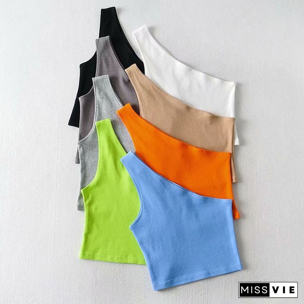 One Shoulder Cropped Tanks Top Women Summer Sleeveless Tanks Camis Sexy Oblique Collar Elastic Corset Slim Crop Tops Tube Lady