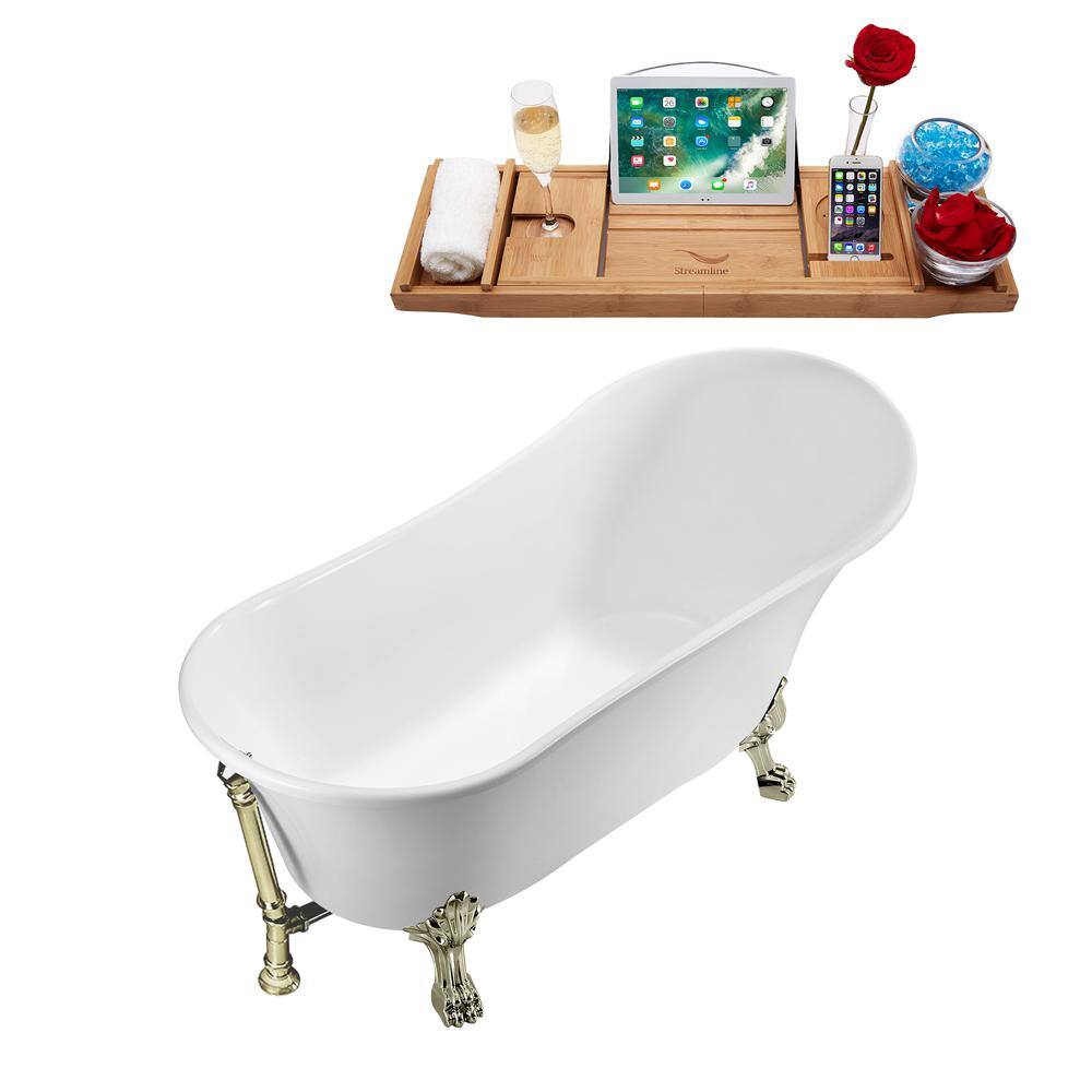 Streamline 59 in. Acrylic Clawfoot Non-Whirlpool Bathtub in Glossy White With Brushed Nickel Clawfeet And Brushed Nickel Drain N341BNK-BNK