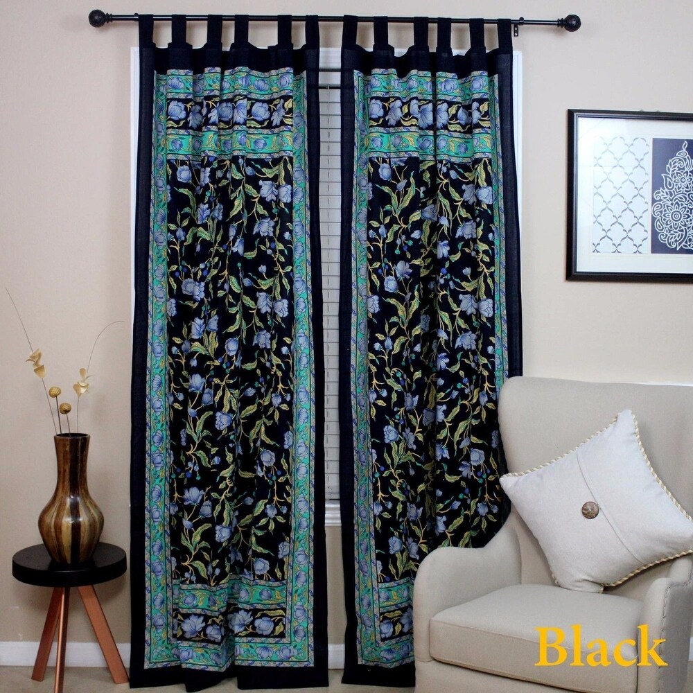 Handmade French Floral Tab Top Curtain 100% Cotton Drape Door Panel in Ivory Blue Black Amber   Violet   44 x 88