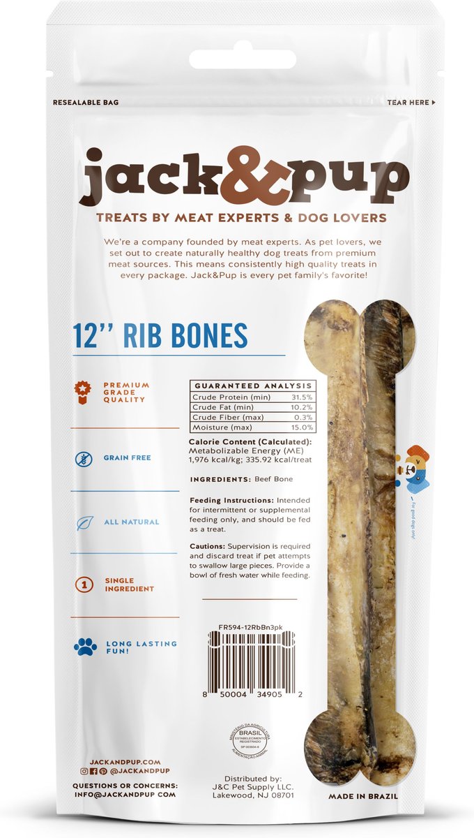 Jack and Pup Beef Rib Bone 12-in Dog Treats， 3 count