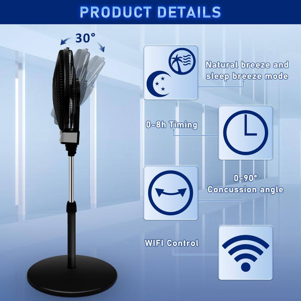 Cesicia Multi-functional 16 in. 3 Speeds Pedistal Fan in Black Height Adjustable with Timer Cesicia-36