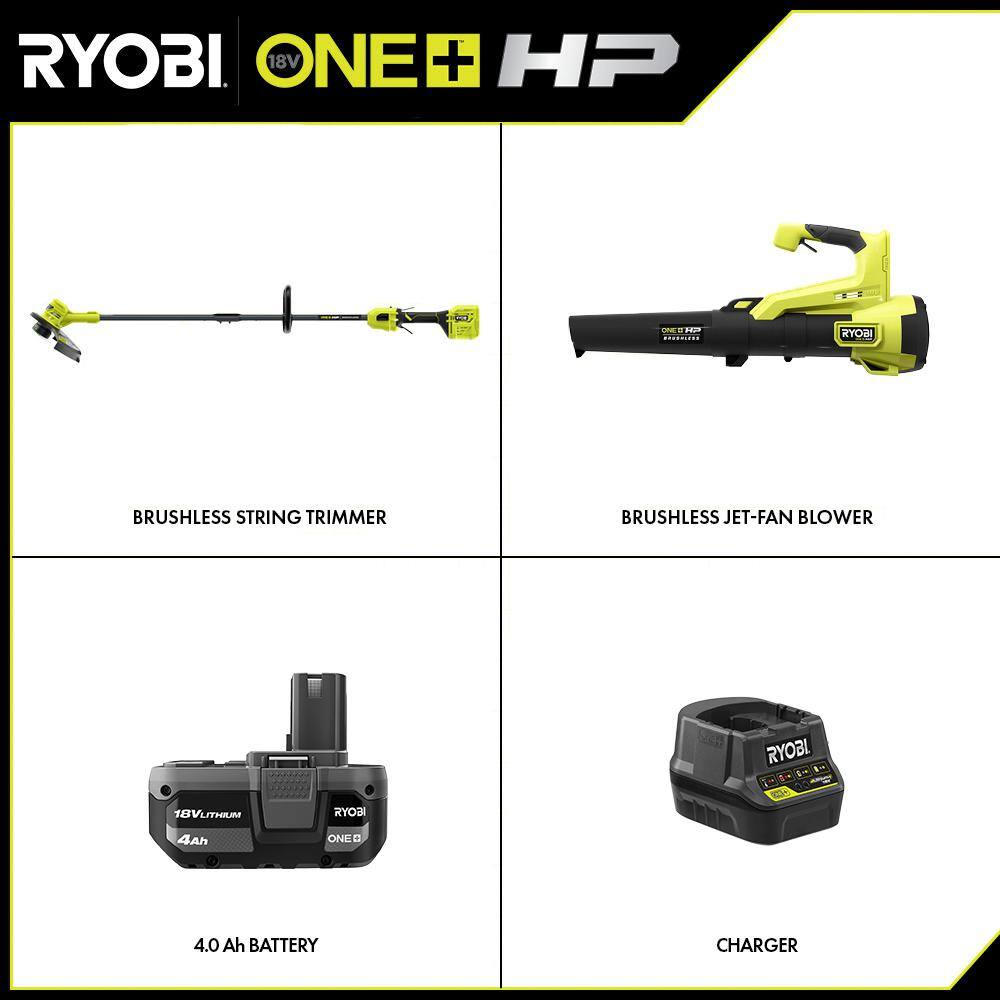 RYOBI ONE+ HP 18V Brushless Cordless Battery String Trimmer and Leaf Blower Combo Kit with 4.0 Ah Battery and Charger P20121