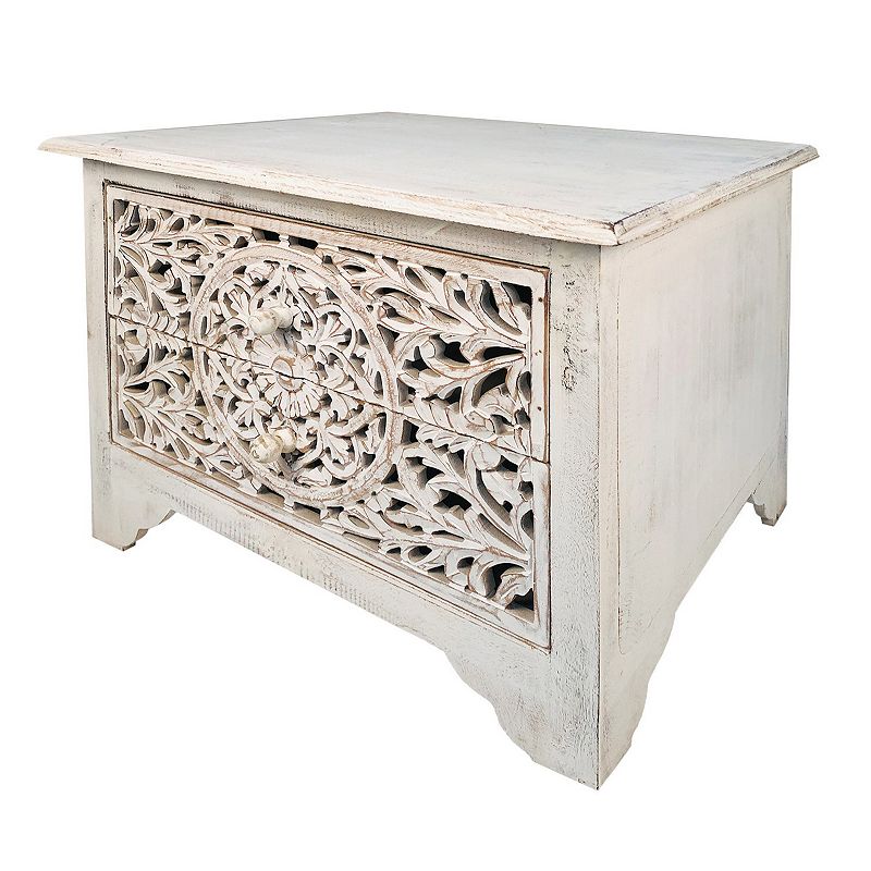 Olta 24 Inch Handcrafted Mango Wood Nightstand Side Table， 2 Drawers， Floral Carved Cut Out Design， Antique White