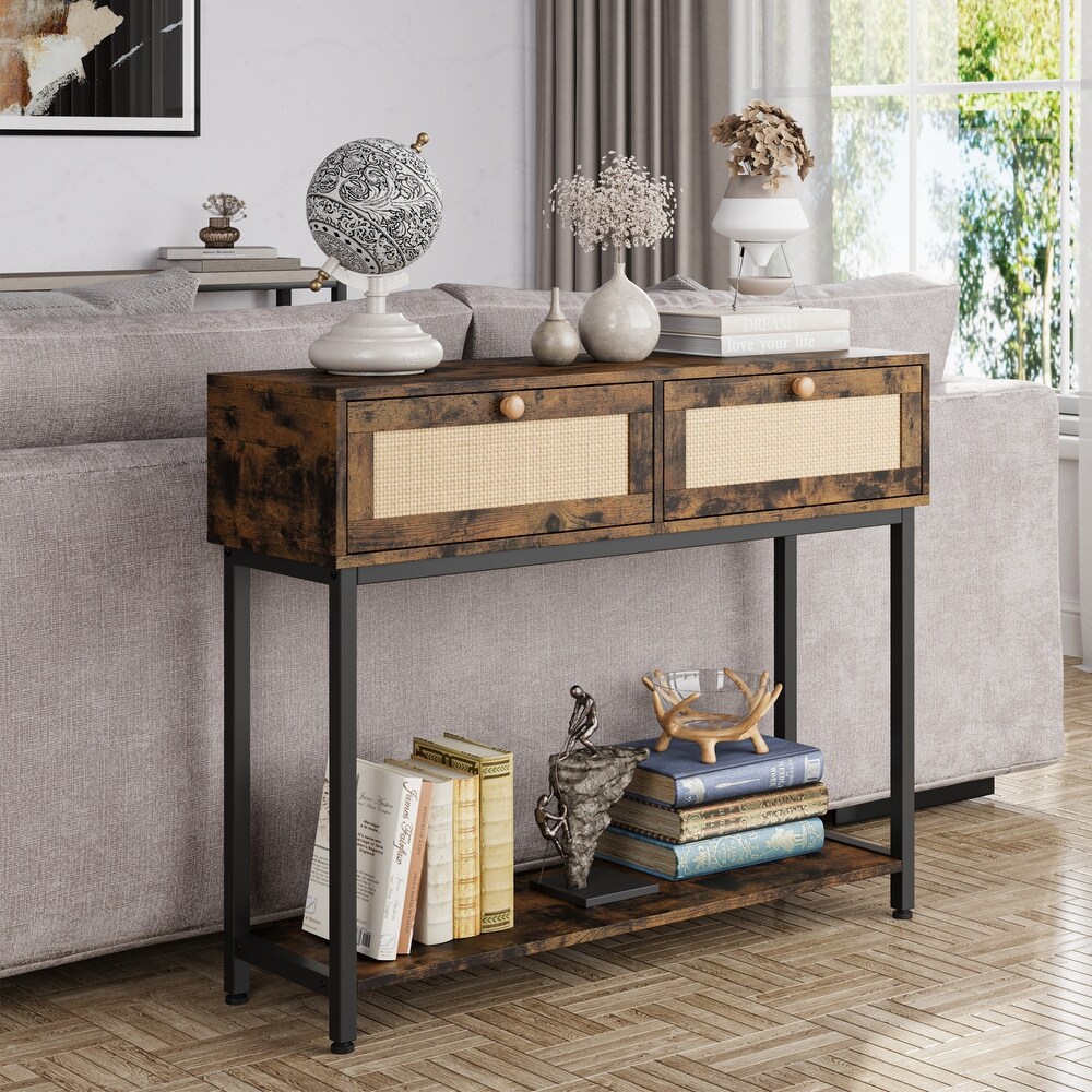 Rattan Console Table with 2 Drawers