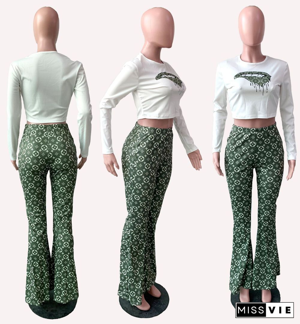 Hot Style Printed Short Sleeve T-shirt Bell-Bottom Trousers Two-piece Set