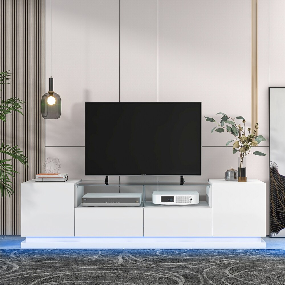 TV Stand with Tempered Glass  Modern High Gloss Entertainment Center for TVs Up to 70\