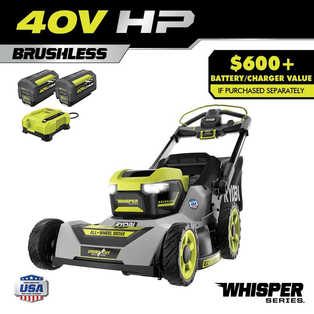 RYOBI 40V HP Brushless Whisper Series 21. in Walk Behind Self-Propelled All Wheel Drive Mower - (2) 6.0 Ah Batteries  Charger RY401210