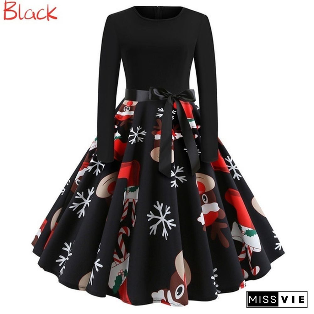 Fashion Women's Christmas Swing Party Dress Printing Long Sleeve Festival Prom Belt Dresses Evening Round Collar Halloween Female Dress.