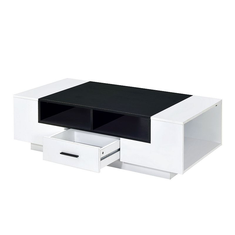 Contemporary Coffee Table with Drawer and Open Compartment， Black and White