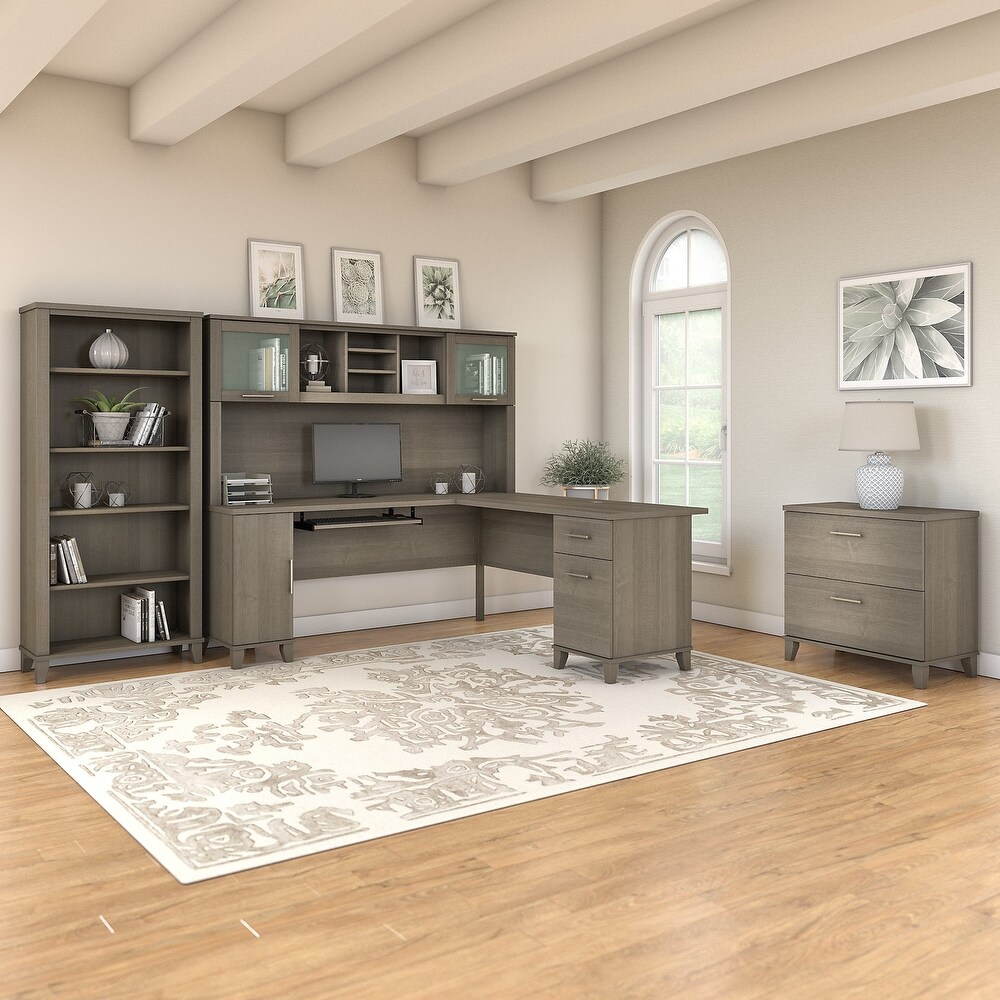 Somerset 72W L Shaped Desk with Hutch  Cabinet and Bookcase in Gray