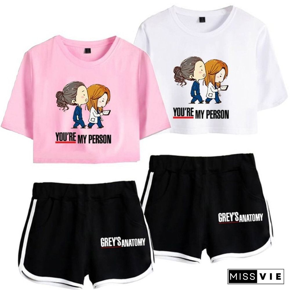 Women Grey's Anatomy Women Short T-shirt Shorts Suit Summer Sport Wear Casual Cotton Yoga Lady Crop Top and Shorts