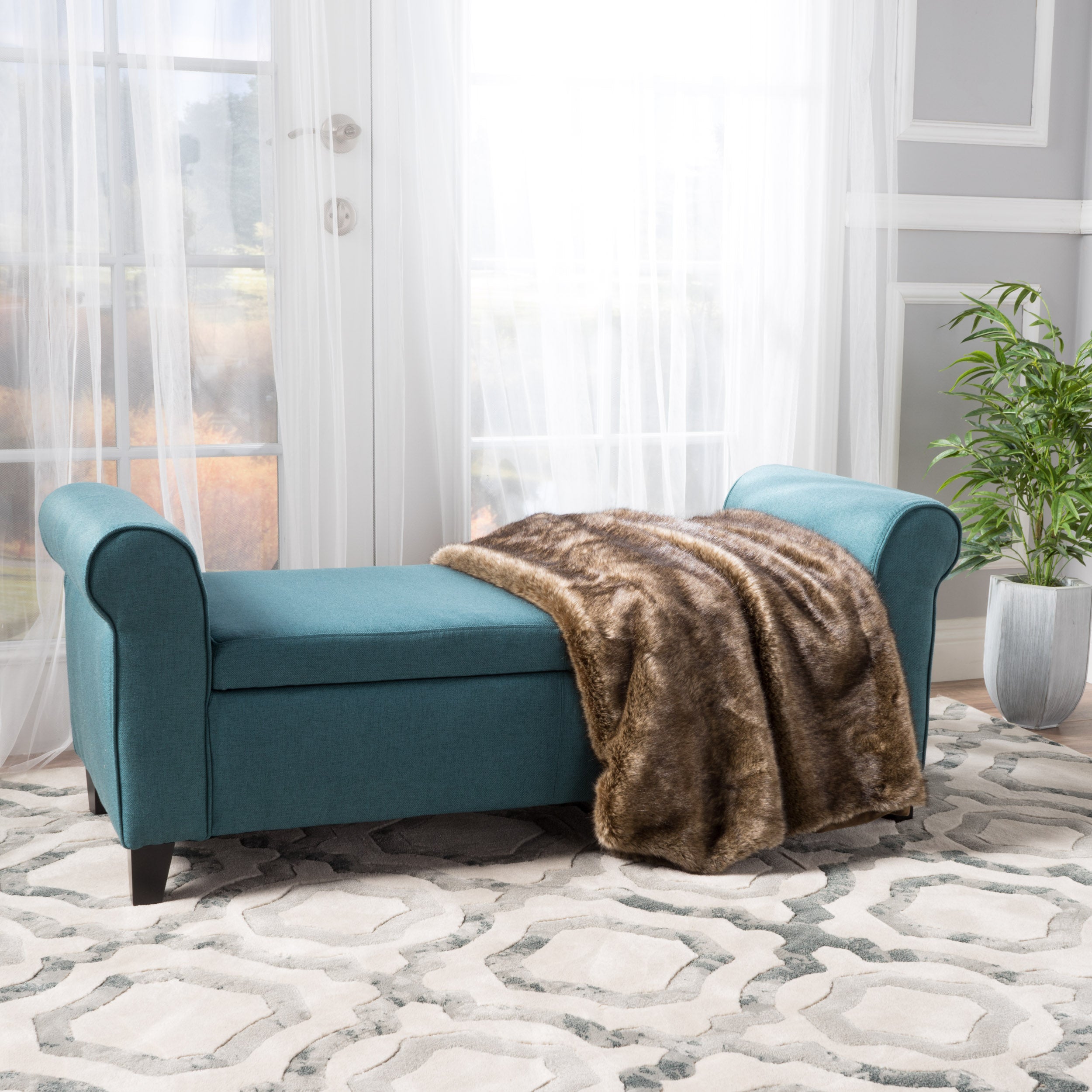 Danbury Contemporary Fabric Upholstered Storage Ottoman Bench with Rolled Arms