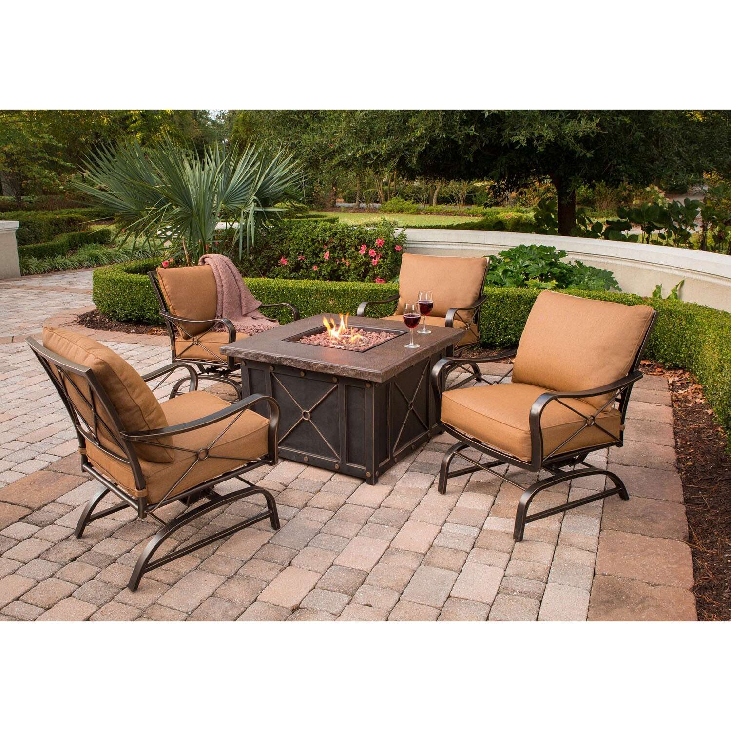 Hanover Stone Harbor 5 pc Bronze Steel Fire Pit Set Brown