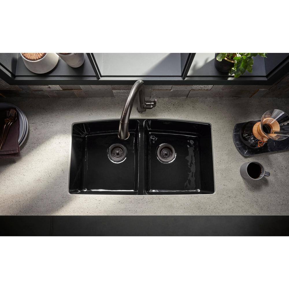 KOHLER Brookfield Undermount Cast-Iron 33 in. 5-Hole Double Bowl Kitchen Sink in Black Black K-5846-5U-7