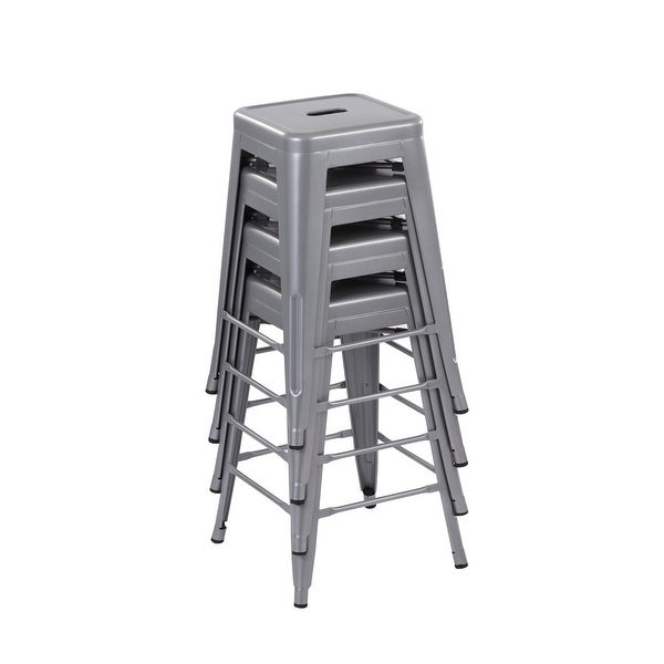 24inch Stackable Metal Bar Stool， Set of 4， Include 4 Stools， Silver Color， Backless Style