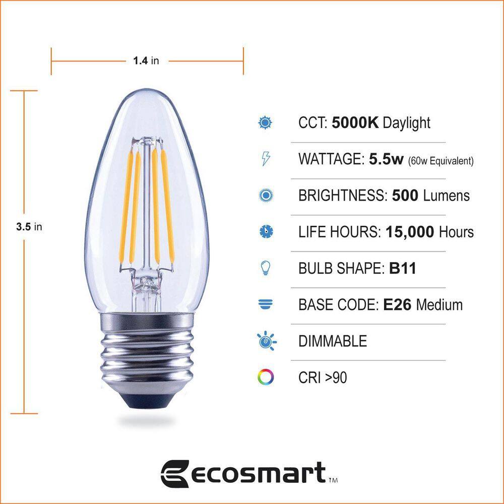 EcoSmart 60-Watt Equivalent B11 Blunt Tip Dimmable Candle Medium Base Clear Glass LED Vintage Edison Light Bulb Daylight (3-Pack) FG-04191