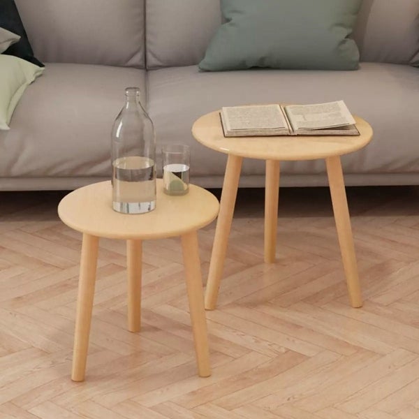 2 Pieces Side Table Small Round Solid Wood Sofa Table End Tables Accent Nesting Coffee Table Natural Plant Stand