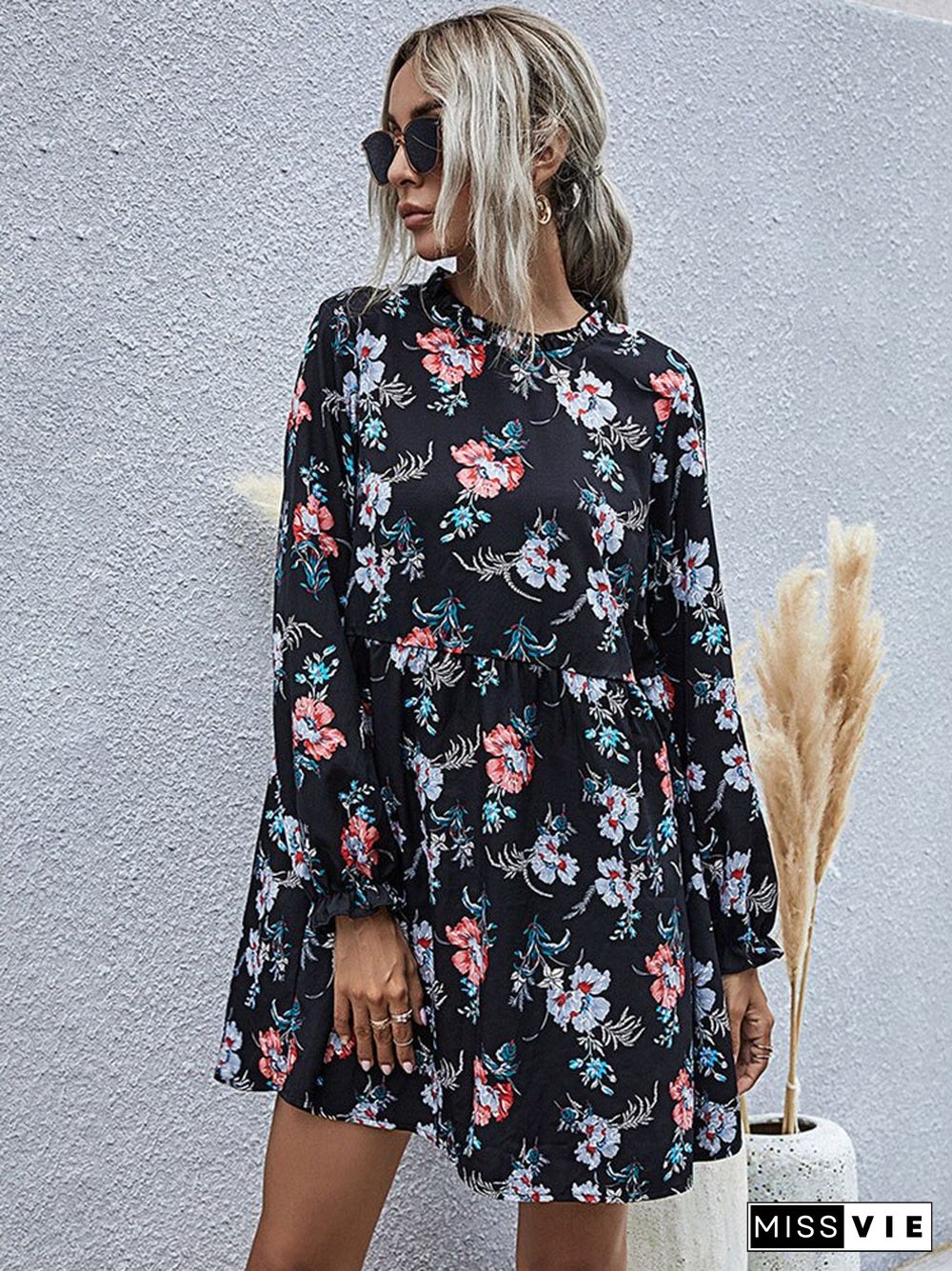 New Autumn Winter Fashion Floral Dress Women Casual Full Sleeve High Waist Loose Print Dress