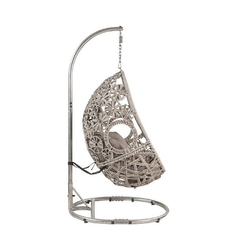 Patio Hanging Chair with Open Circular Motifs and Wicker Frame， Gray