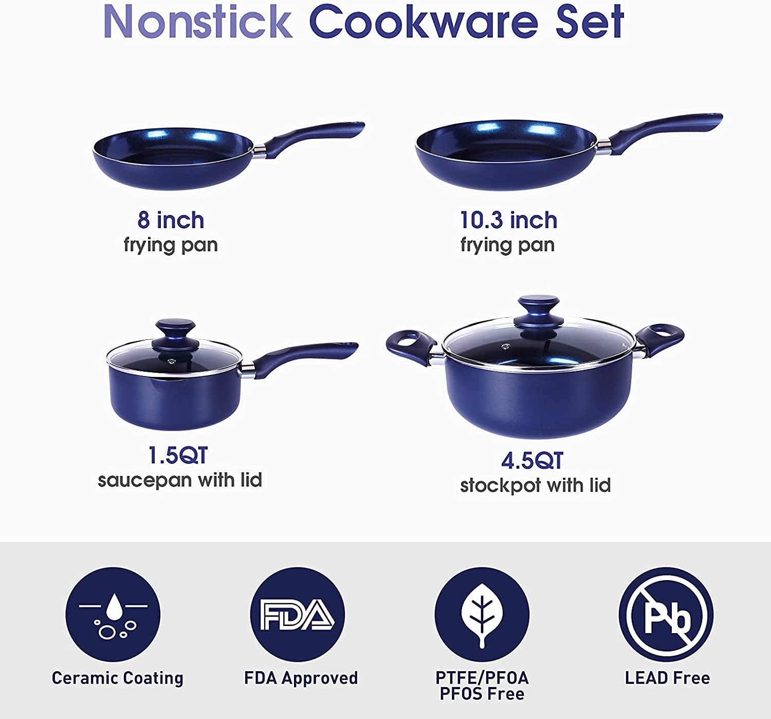 6 Pieces Pots and Pans Set,Aluminum Cookware Set, Nonstick Ceramic Coating, Fry Pan, Stockpot with Lid, Blue