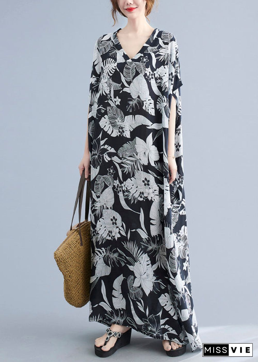 Natural Black V Neck Print Robe Dresses Short Sleeve