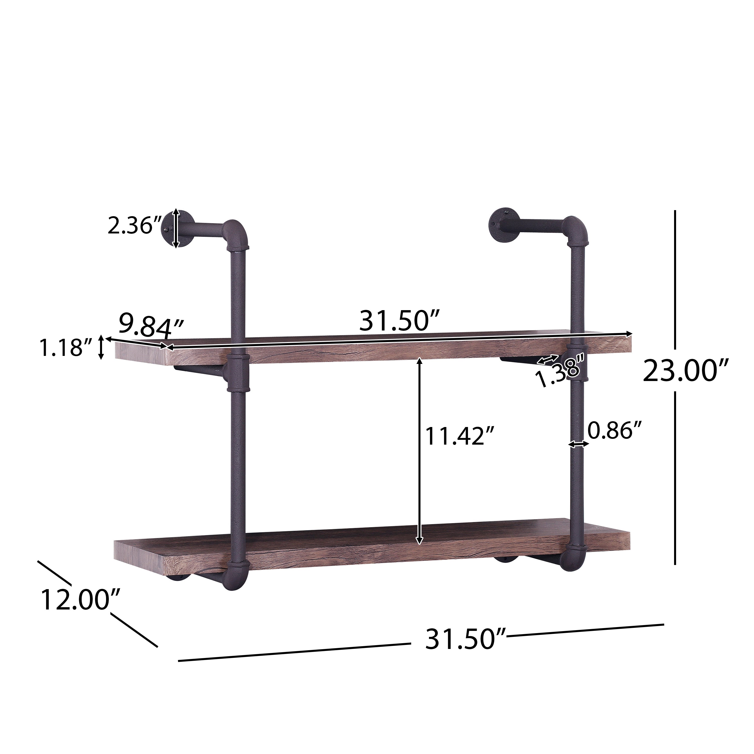 Caden 2 Shelf Industrial Pipe Design Wall Mount Floating Shelf