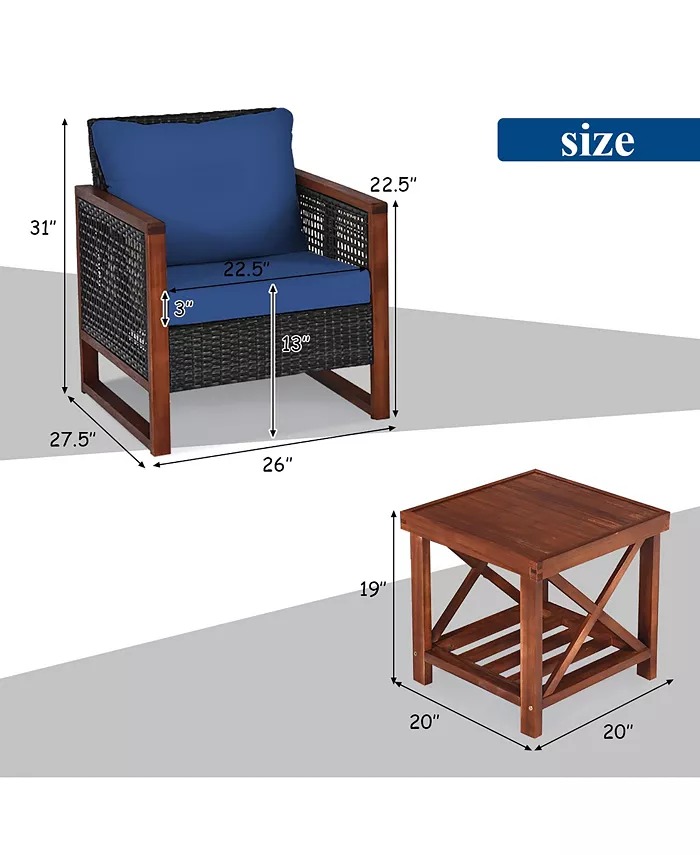 Costway 3PCS Patio Wicker Furniture Set Solid Wood Frame Cushion Sofa w  Square Table Shelf