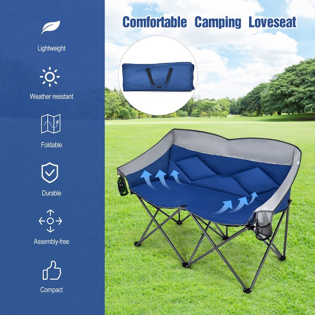 Costway Folding Camping Chair Loveseat Double Seat W Bags amp Padded Backrest Gray blue