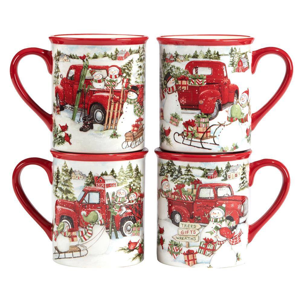 Certified International Red Truck Snowman 16 oz. Multi-Colored Earthenware Beverage Mugs Set of 4 29002SET4