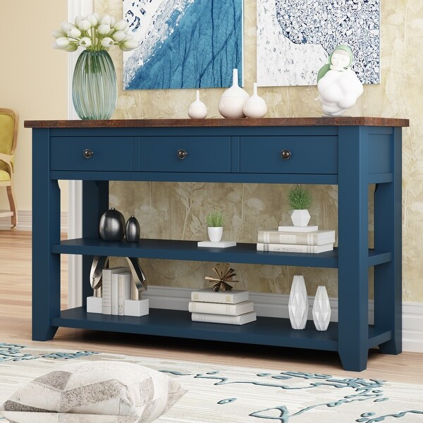 48''Console Table Sofa Table with 3 Drawers ，Wood Top (Pine) Blue