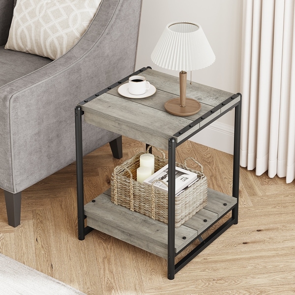 Farmhouse End Table， 19.6 Inch Sofa Side Table with 2-Tier Storage， Square End Table with Sturdy Frame