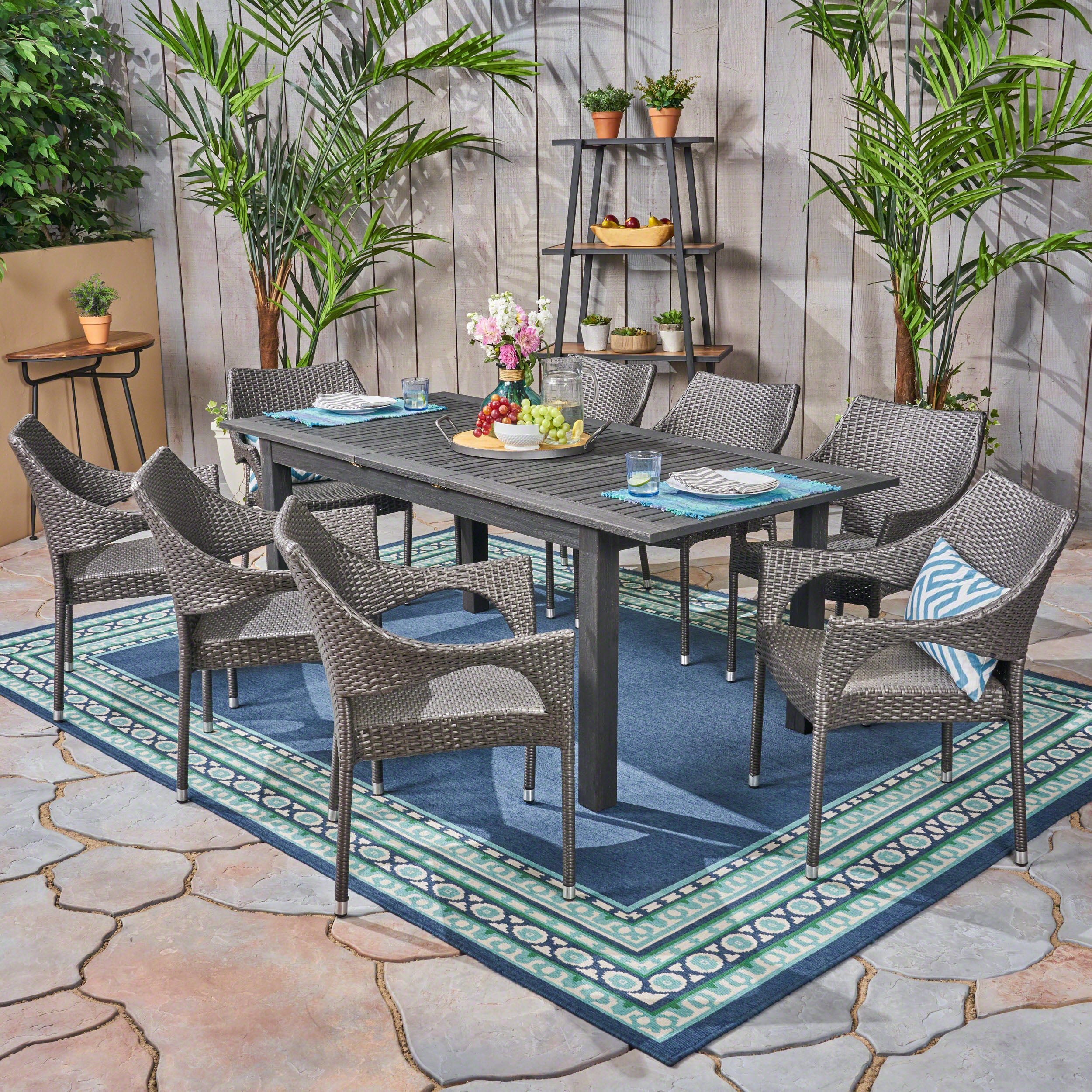 Kelly Outdoor Wood and Wicker Expandable Dining Set