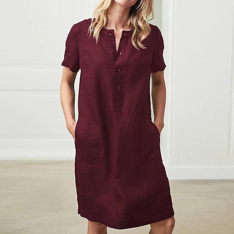 2022 European And American Cross-border    Hot Sale Cotton And Linen Loose Short-sleeved Mid-length Women's Dress Spot Red Wine 2xl  2xl