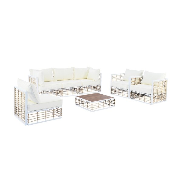 7Piece Metal Patio Sectional Sofa Set with Coffee Table，AllWeather Garden Conversational Set with Thick Cushions，White