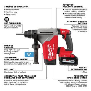 MW M18 FUEL 18V Lithium-Ion Brushless 1-18 in. Cordless SDS-Plus Rotary HammerDust Extractor Kit Two 6.0Ah Batteries 2915-22DE