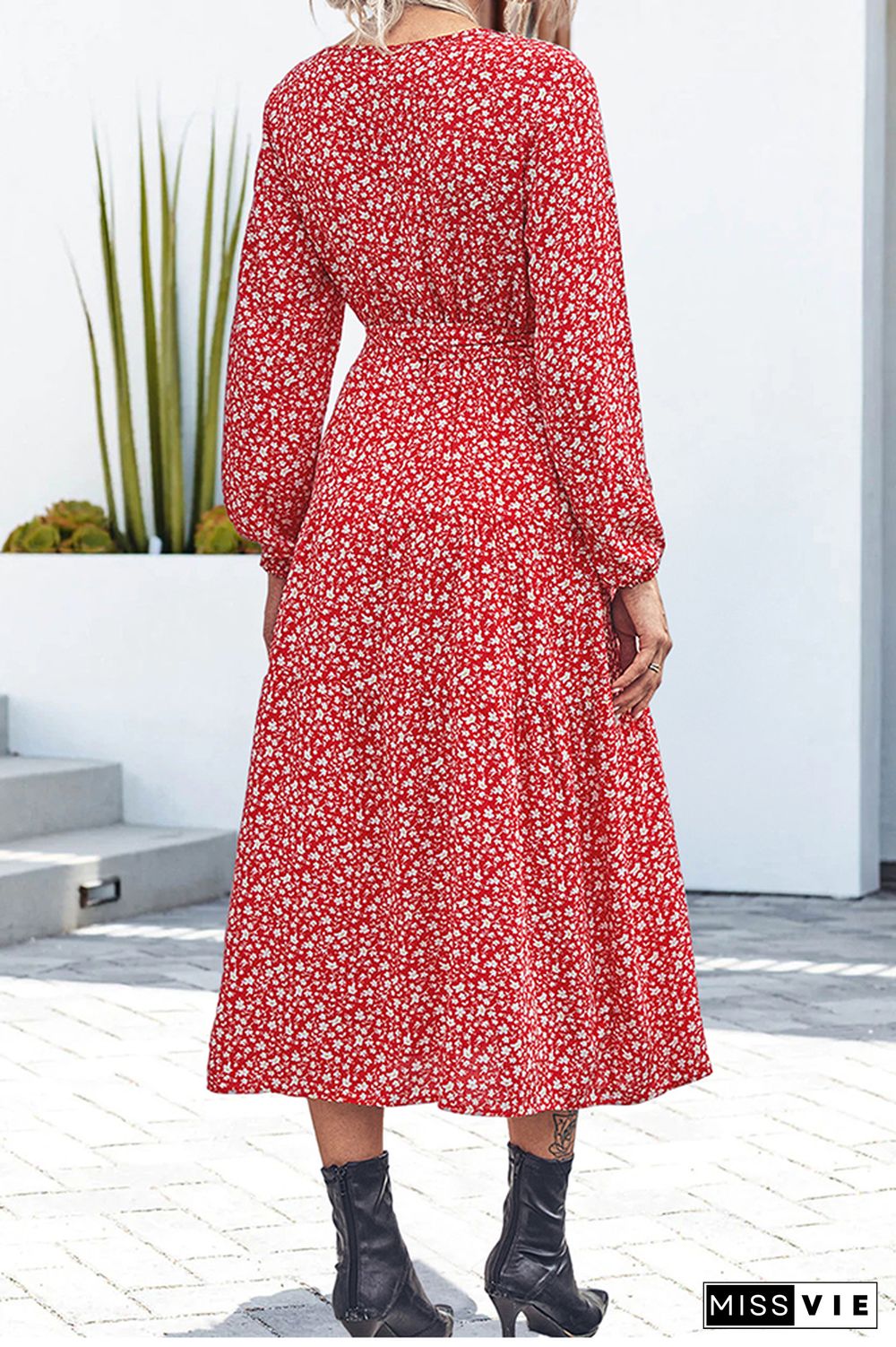 Red Floral V Neck Button Down High Split Maxi Dress