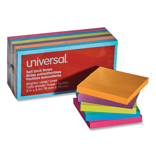 Universal Self-Stick Note Pads， 3 x 3， Assorted Bright Colors， 100-Sheet， 12/PK (35610)