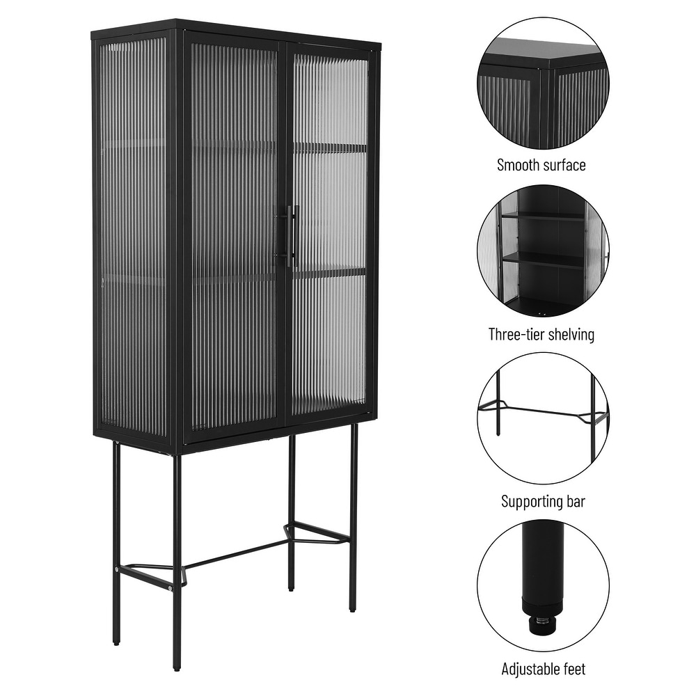 Elegant Floor Cabinet with 2 Tampered Glass Doors Living Room Display Cabinet