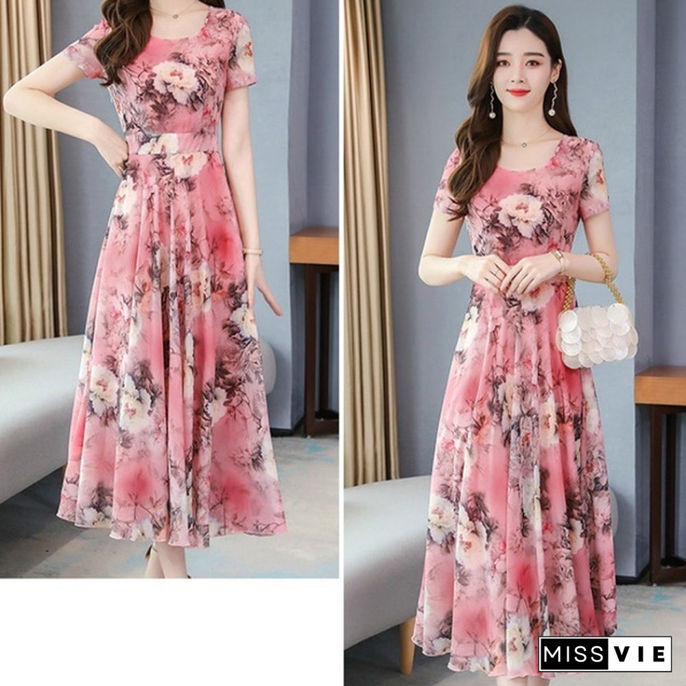 Ice Silk Long Skirt Summer Temperament Flower Long Skirt Retro Elegant Dress